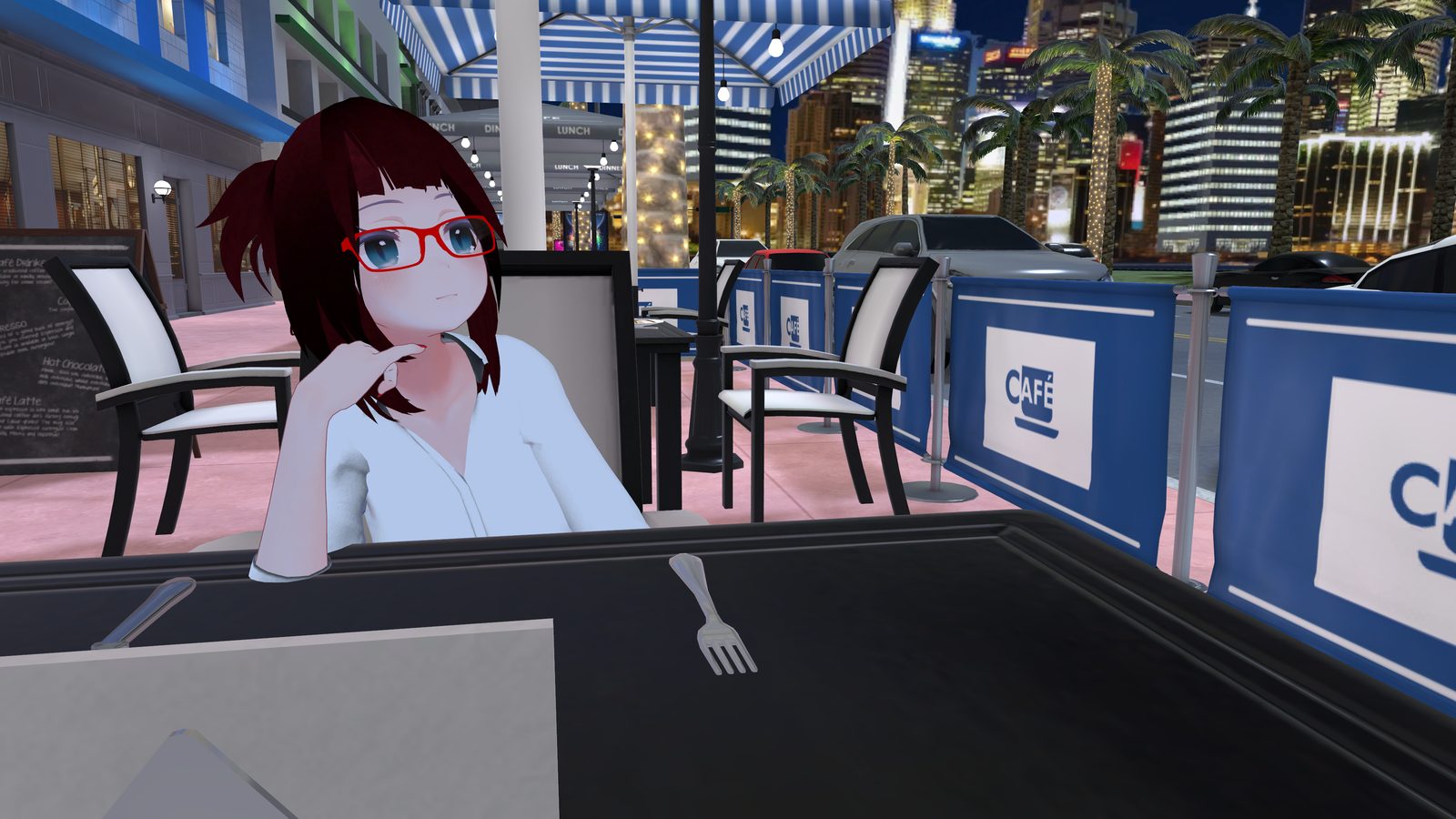 nesnalica at a VRChat café overlooking the city